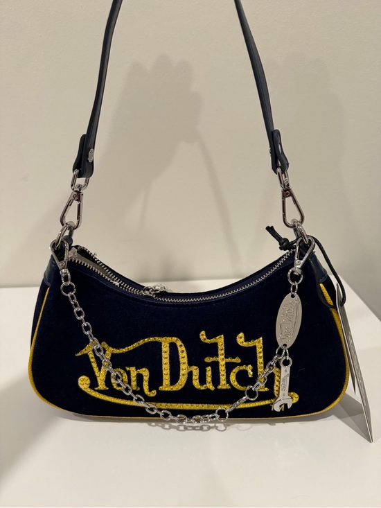 Von Dutch Handbags - Von Dutch Navy Velvet Shoulder Bag with Yellow Logo